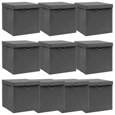 Opbergboxen met deksel 10 st 32x32x32 cm stof grijs 1