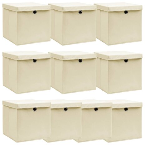 Opbergboxen met deksel 10 st 32x32x32 cm stof crèmekleurig 1