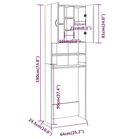 Wasmachinekast 64x25,5x190 cm grijs sonoma eikenkleurig 9