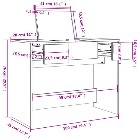 Kaptafel met spiegel 100x45x76 cm gerookt eikenkleurig 10
