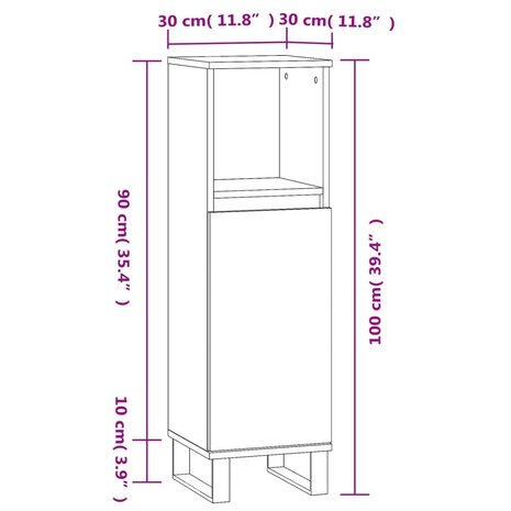 Badkamerkast 30x30x100 cm bewerkt hout grijs sonoma eikenkleur 12