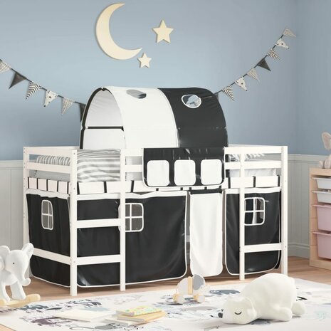 Kinderhoogslaper met tunnel 80x200 cm grenenhout wit en zwart 1