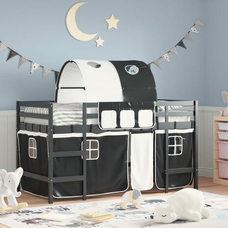 Kinderhoogslaper met tunnel 90x200 cm grenenhout wit en zwart 1