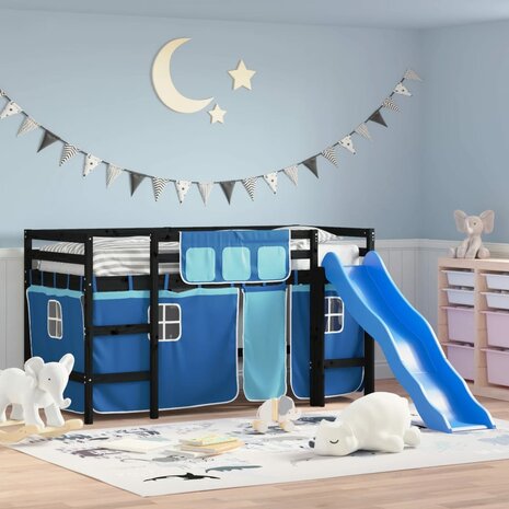 Kinderhoogslaper met gordijnen 90x190 cm grenenhout blauw 1