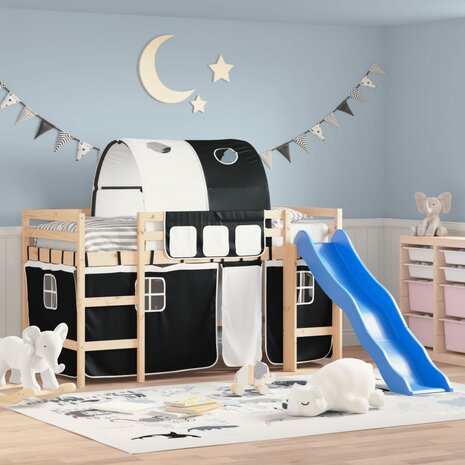 Kinderhoogslaper met tunnel 80x200 cm grenenhout wit en zwart 1