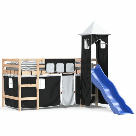 Kinderhoogslaper met toren 80x200 cm grenenhout wit en zwart 2