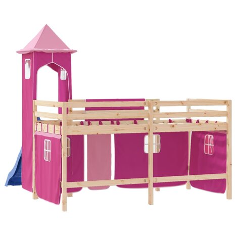 Kinderhoogslaper met toren 80x200 cm massief grenenhout roze 7