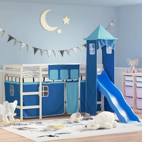 Kinderhoogslaper met toren 80x200 cm massief grenenhout blauw 1