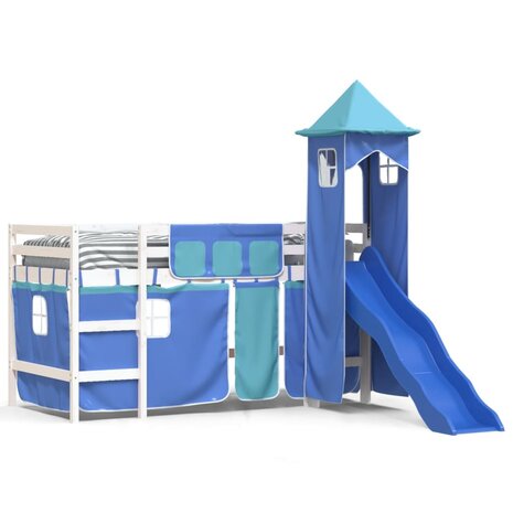 Kinderhoogslaper met toren 80x200 cm massief grenenhout blauw 2