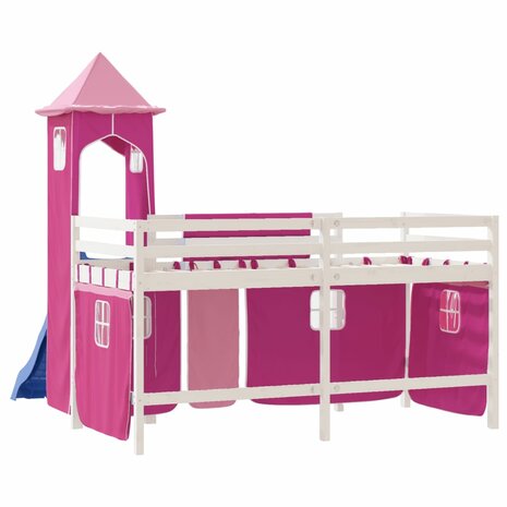 Kinderhoogslaper met toren 80x200 cm massief grenenhout roze 7