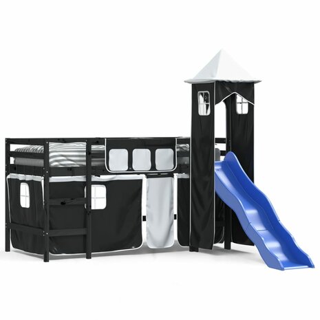 Kinderhoogslaper met toren 80x200 cm grenenhout wit en zwart 2