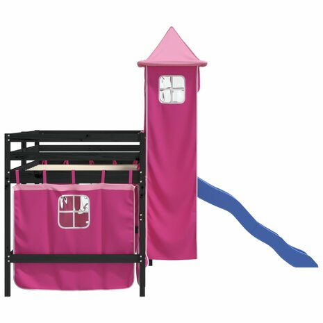 Kinderhoogslaper met toren 80x200 cm massief grenenhout roze 6