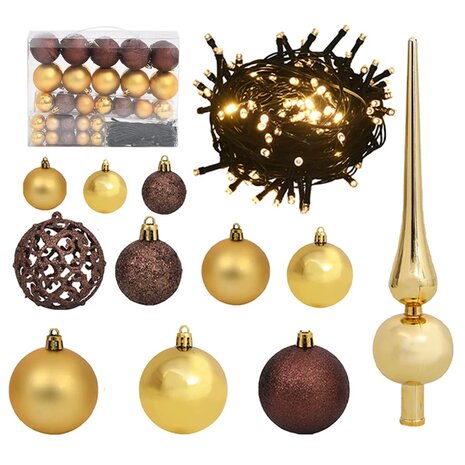 61-delige Kerstballenset met piek en 150 LED&apos;s goud en brons 1