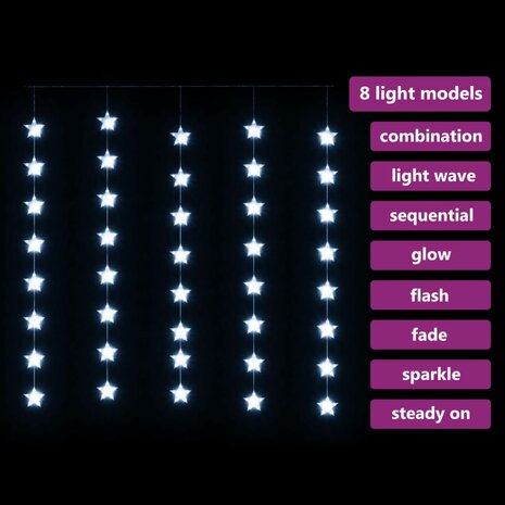 Lichtsnoergordijn sterren met 200 LED&apos;s en 8 functies koudwit 3