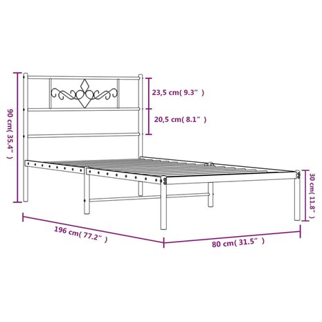 Bedframe met hoofdbord metaal zwart 75x190 cm 9