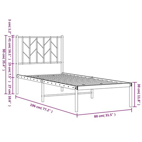 Bedframe met hoofdbord metaal wit 75 x 190 cm 10