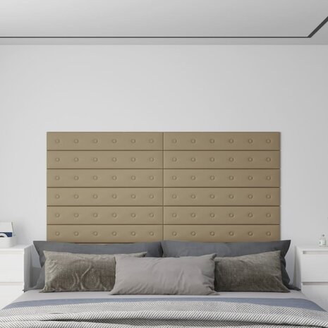 Wandpanelen 12 st 1,62 m² 90x15 cm kunstleer cappuccinokleurig 1