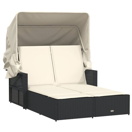 Ligbed 2-persoons met luifel en kussens poly rattan zwart 2