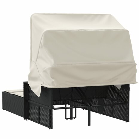 Ligbed 2-persoons met luifel en kussens poly rattan zwart 6