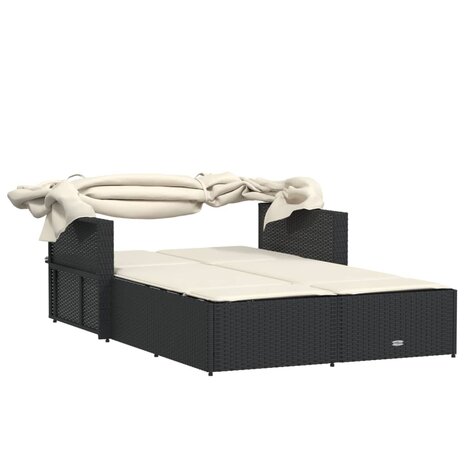Ligbed 2-persoons met luifel en kussens poly rattan zwart 7