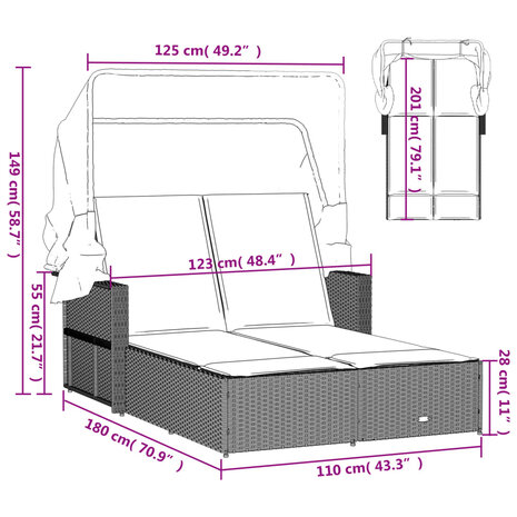 Ligbed 2-persoons met luifel en kussens poly rattan zwart 12