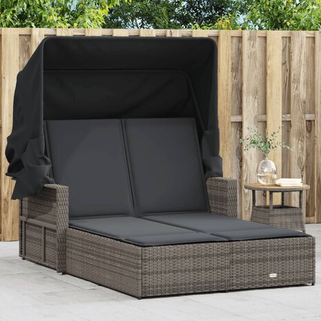 Ligbed 2-persoons met luifel en kussens poly rattan grijs 1