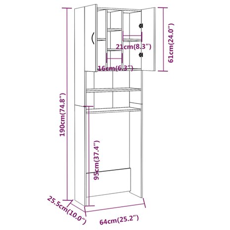 Wasmachinekast 64x25,5x190 cm gerookt eikenkleurig 10