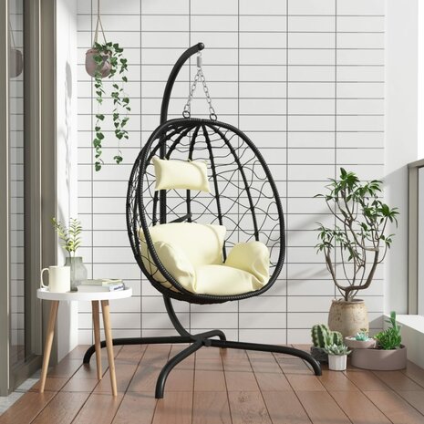 Hangstoel met kussen poly rattan en staal crèmewit 1
