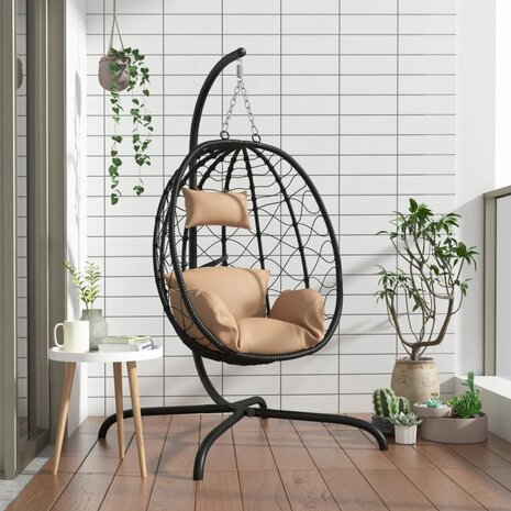 Hangstoel met kussen poly rattan en staal taupe 1