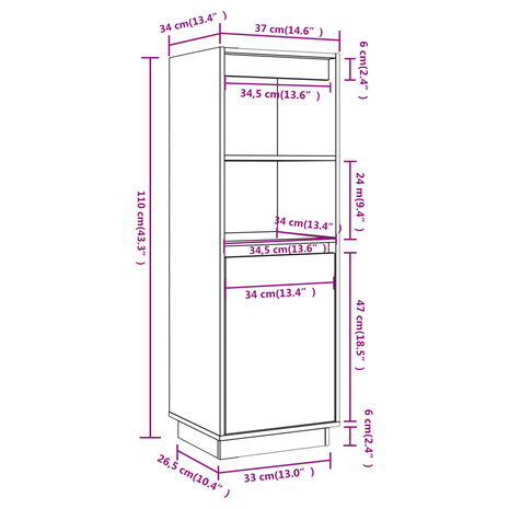 Hoge kast 37x34x110 cm massief grenenhout grijs 9