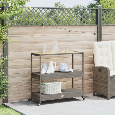 Keukentrolley 3-laags poly rattan en massief acaciahout grijs 3