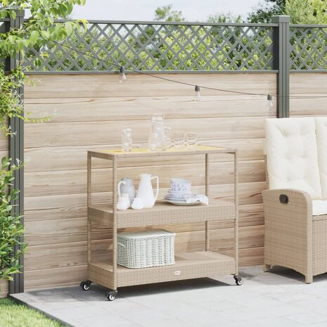 Keukentrolley 3-laags poly rattan en massief acaciahout beige 3