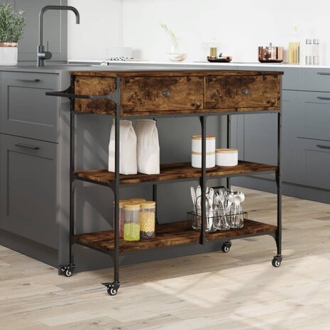 Keukentrolley 105x42x95 cm bewerkt hout gerookt eikenkleurig 4