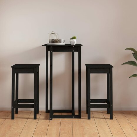 3-delige Barset massief grenenhout zwart 1