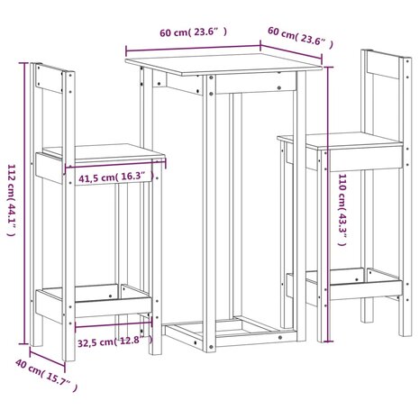 3-delige Barset massief grenenhout wit 9