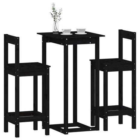 3-delige Barset massief grenenhout zwart 4