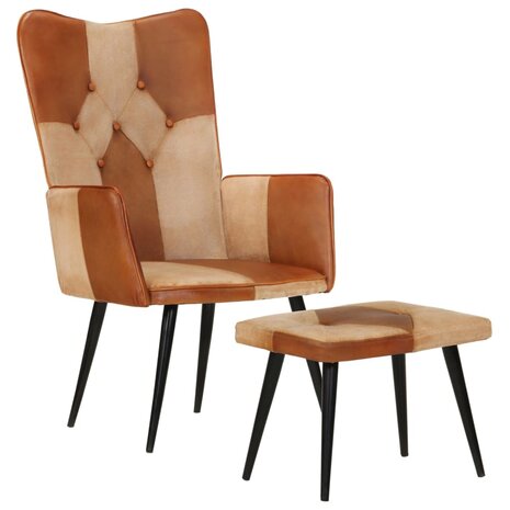 Fauteuil met voetensteun echt leer en canvas bruin 11