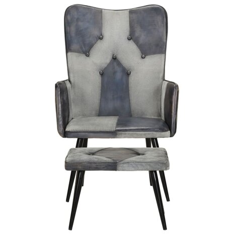 Fauteuil met voetensteun echt leer en canvas grijs 2