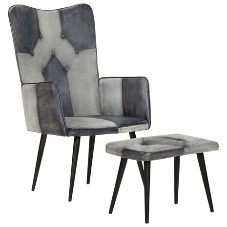 Fauteuil met voetensteun echt leer en canvas grijs 11