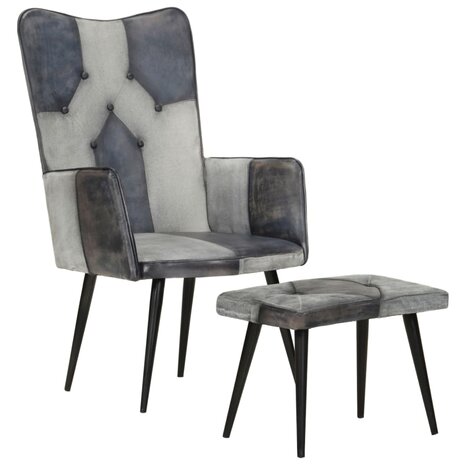 Fauteuil met voetensteun echt leer en canvas grijs 12