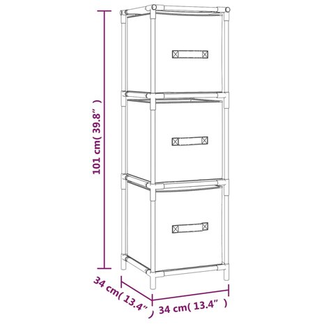 Opbergkast met 3 stoffen lades 34x34x101 cm staal grijs 7