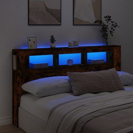 Hoofdeinde met LED 180x18,5x103,5 cm bewerkt hout gerookt eiken 1