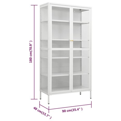 Vitrinekast 90x40x180 cm staal en gehard glas wit 10