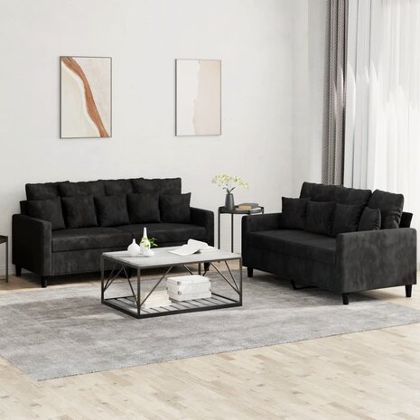 2-delige Loungeset met kussens fluweel zwart 1