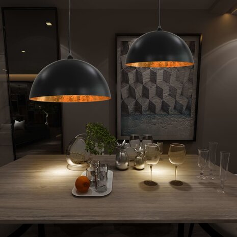 Plafondlampen 2 st halfrond E27 50 cm zwart en goudkleurig 1
