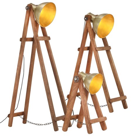 Vloerlampen 3 st E27 massief mangohout messingkleurig 1