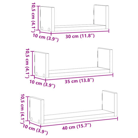 Wandschappen 3 st bewerkt hout zwart 10