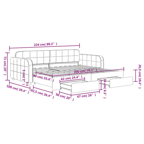 Slaapbank onderschuifbed en lades 90x200 cm fluweel donkergrijs 12