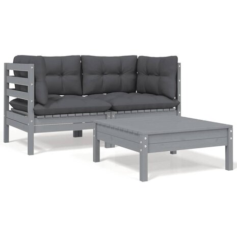 3-delige Loungeset met kussens massief grenenhout grijs 1