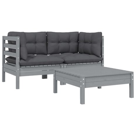 3-delige Loungeset met kussens massief grenenhout grijs 2